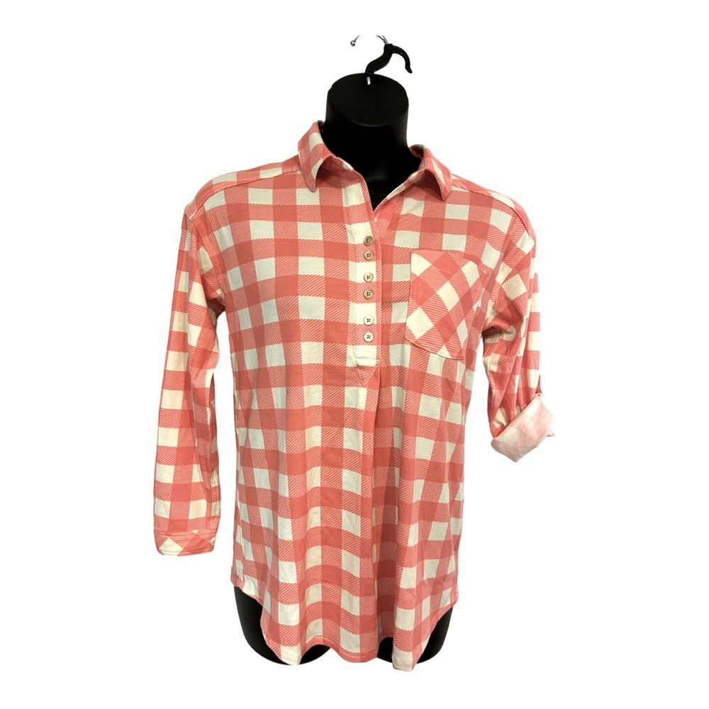 Country Door Coral Pink Collared Stretch Flannel Plaid Shirt Career Casual Tunic - Picture 4 of 11